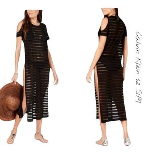 NWT Calvin Klein Black Crochet Striped Swinsuit Cover-Up sz S/M